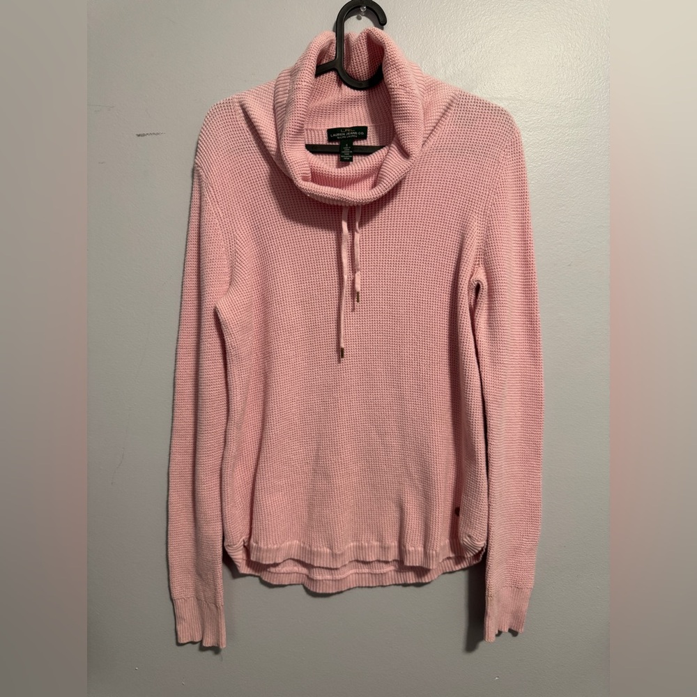Ralph Lauren Pink Waffle Knit Cowl Neck Sweater Drawstring Size Small LRL Preppy